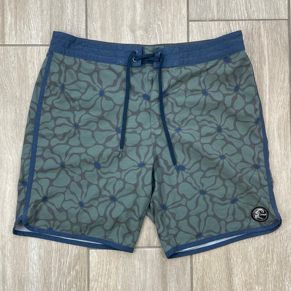 O'Neill Board Shorts Mens 32 Green Floral Stretch Swim Trunks 7.5 Inseam